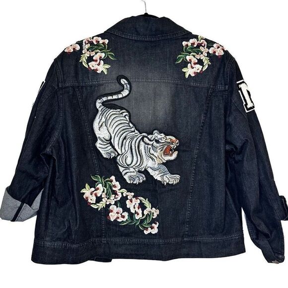 NWT Mistress Rocks "Fire Up" Denim Badge Jacket Black Large - Picture 1 of 6